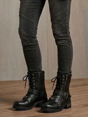 Harley-Davidson Black Women's Lace-Up Moto Combat Boots with Side Zip Buckle 7.5